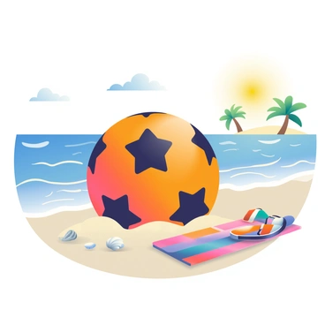 A large, bright orange dragon ball with four black stars is resting on the sandy shore of a tropical beach. The ball is partially covered by fine, white sand, and small seashells are scattered around it. In the background, clear blue waves gently lap against the shore, and a few palm trees sway in the warm breeze. The sun is shining brightly in a clear sky, casting warm light over the scene, creating soft reflections on the water's surface. A colorful beach towel is laid out nearby, and a pair of flip-flops rests beside it on the sand.