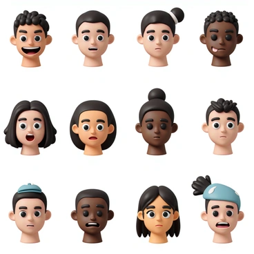 A collection of avatars displaying a variety of human faces. Each face represents a different ethnicity, showcasing unique features and skin tones. There are expressions like happiness with wide smiles, surprise with raised eyebrows, anger with furrowed brows, and sadness with downturned lips. The avatars are arranged in a grid pattern, allowing viewers to see the diversity in facial expressions and characteristics clearly. Each face includes distinct hairstyles and accessories, enhancing the individuality of each avatar.