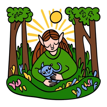 An elf with pointed ears and long, flowing hair in shades of green and brown is gently cradling a small, mystical creature in their hands. The elf has delicate features and is wearing a flowing tunic adorned with natural patterns. The creature, which has shimmering scales and large expressive eyes, is nestled comfortably in the elf's palms. Surrounding them is a sunlit forest glade filled with vibrant green leaves, colorful flowers, and dappled sunlight filtering through the trees. The atmosphere conveys a sense of harmony between the elf and the creature, highlighting their connection in this enchanting setting.