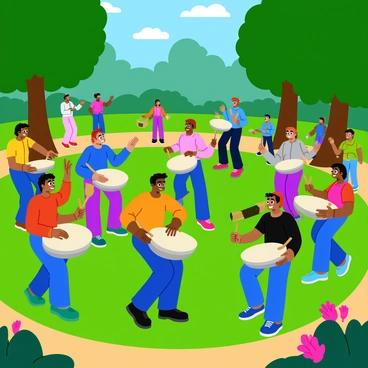 A group of street drummers performing in a city park. The drummers are diverse in appearance, showcasing various styles of clothing and hairstyles. Each drummer is energetically playing their instrument, with some using large hand drums while others have smaller percussion instruments. The scene is filled with movement, as the drummers are depicted in dynamic poses, their arms raised and sticks in motion. Surrounding them are tall trees with lush green leaves and colorful flowers in bloom, adding a vivid ambiance to the park. Spectators of different ages are gathered around, enjoying the performance, some dancing and others clapping along, creating a lively atmosphere. Bright sunlight streams down, casting playful shadows on the grass.