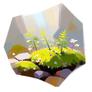 A forest floor covered with a thick layer of lush green moss, creating a soft and vibrant carpet. Various ferns are sprouting, their delicate fronds unfurling gracefully amidst the moss. There are patches of sunlight filtering through the tree canopy above, casting dappled shadows on the ground. Small wildflowers in subtle colors peek through the greenery, adding splashes of color to the scene. The atmosphere is rich and alive, filled with the textures and colors of nature.