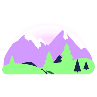 The first light of sunrise is gently illuminating a distant mountain range. The mountains are rugged and towering, with sharp peaks silhouetted against the brightening sky. A soft glow radiates from the horizon, creating a gradual transition from deep shadows to lighter tones on the mountain faces. The foreground features a serene landscape with a few scattered trees, their outlines visible in the early morning light. A sense of tranquility fills the scene as the world begins to awaken to the new day.