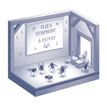 A tiny concert hall with wooden beams and soft lighting. A group of flies is positioned on a small stage, each fly holding a tiny musical instrument. One fly is playing a miniature violin, while another is conducting with its wings raised. The audience, comprised of various insects seated in tiny chairs, looks on attentively. The walls of the concert hall are adorned with small musical notes, and a banner hangs above the stage with the words "Flies Symphony" written in ornate lettering.