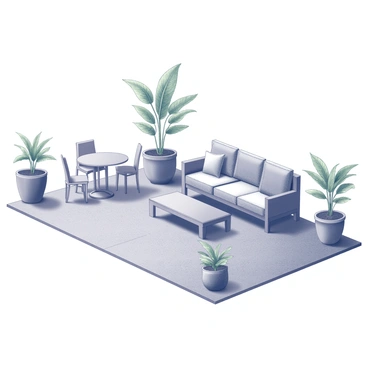 A patio made of concrete tiles, featuring a rectangular layout. The patio is furnished with a comfortable seating arrangement, including a plush sofa with cushions and a matching coffee table. Several potted plants are arranged around the space, showcasing a variety of green leaves and textures. A small dining table with chairs is positioned to one side, ready for outdoor meals. The overall scene suggests an inviting atmosphere for relaxation and gatherings.