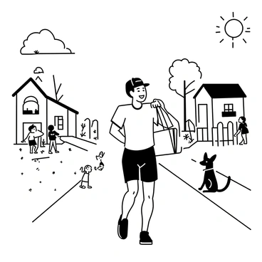 A cheerful postman is walking along a tree-lined street, smiling as he holds a mailbag slung over his shoulder. He is wearing a uniform consisting of a short-sleeved shirt, shorts, and a cap. The houses in the neighborhood are well-kept, with flower gardens and white picket fences. A few children are playing in the front yards, while a dog sits by a porch watching him. The sun is shining brightly in the sky, casting shadows on the ground.