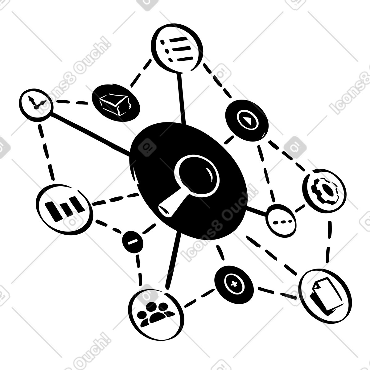 Digital knowledge hub with interconnected files and charts, information integration research productivity illustration in Line style download in PNG, SVG