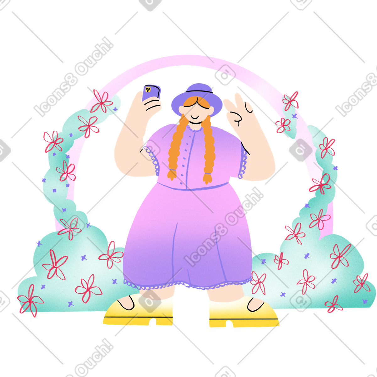 Illustration Girl taking a selfie in photo zone dans le style Bonny à télécharger aux formats PNG, SVG