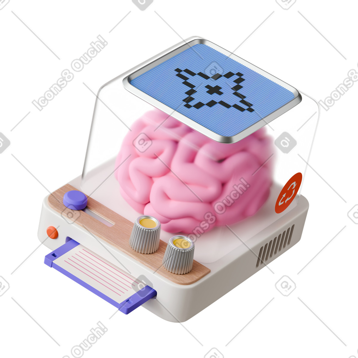 下载 3D Stickle 风格的 Brain device with control knobs display screen and data printout 插画，支持 PNG、SVG 格式