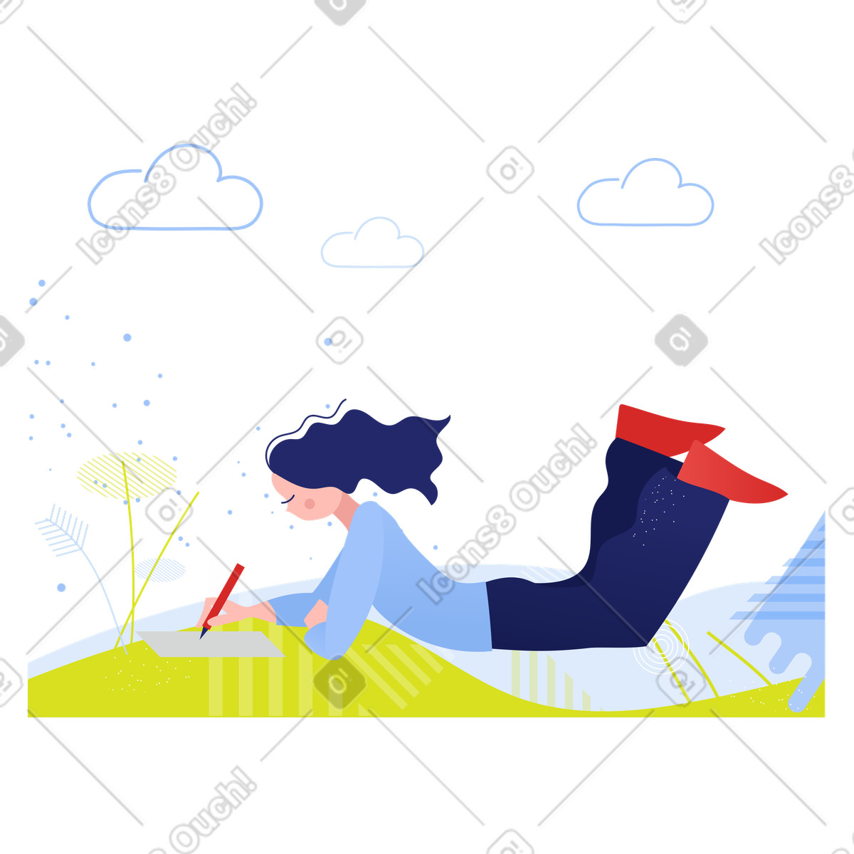 Frau liegt in der natur und zeichnet-Illustration im Clip-Stil als Download PNG, SVG