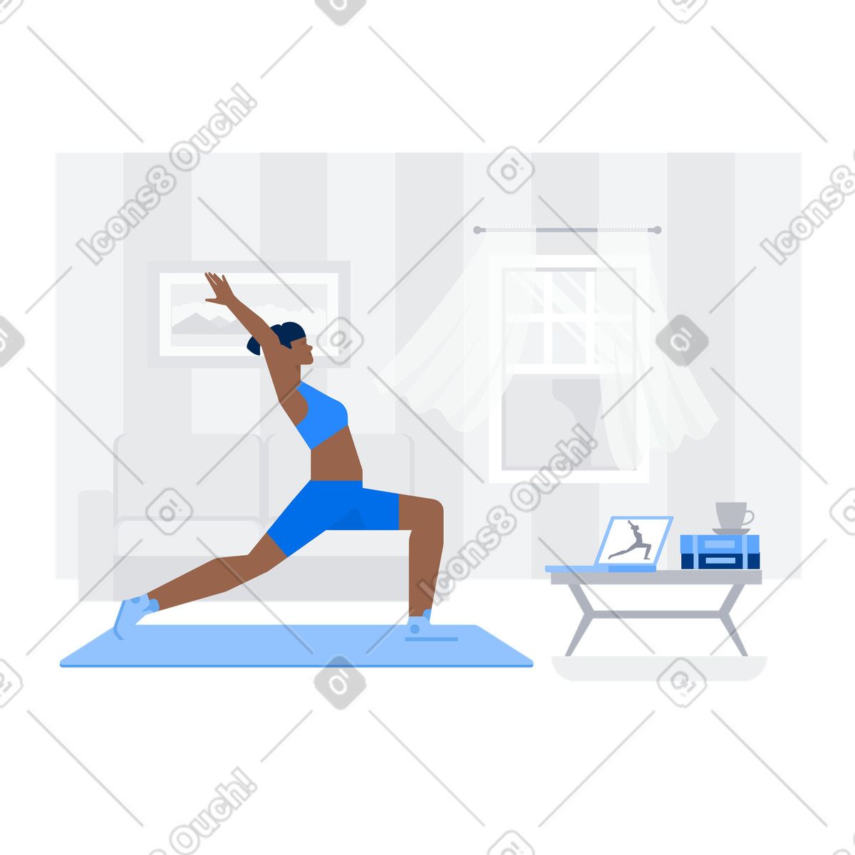 Home yoga practice with online tutorial, virtual exercise session illustration in Urban style download in PNG, SVG
