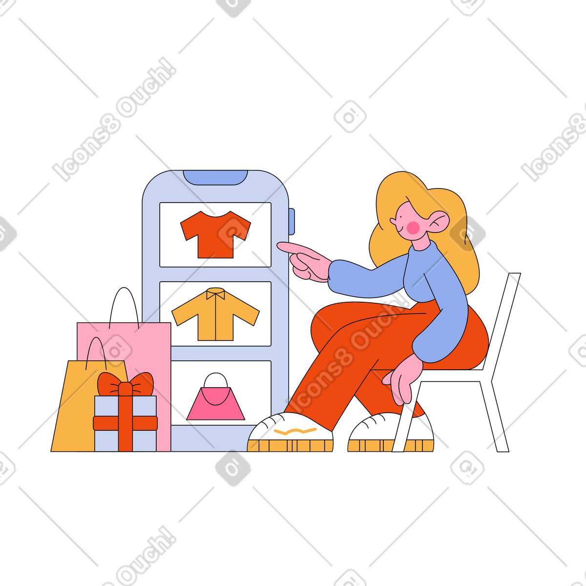 Browsing clothing on smartphone, Online shopping and e-commerce animated illustration in Bloom style download in GIF, Lottie (JSON), AE