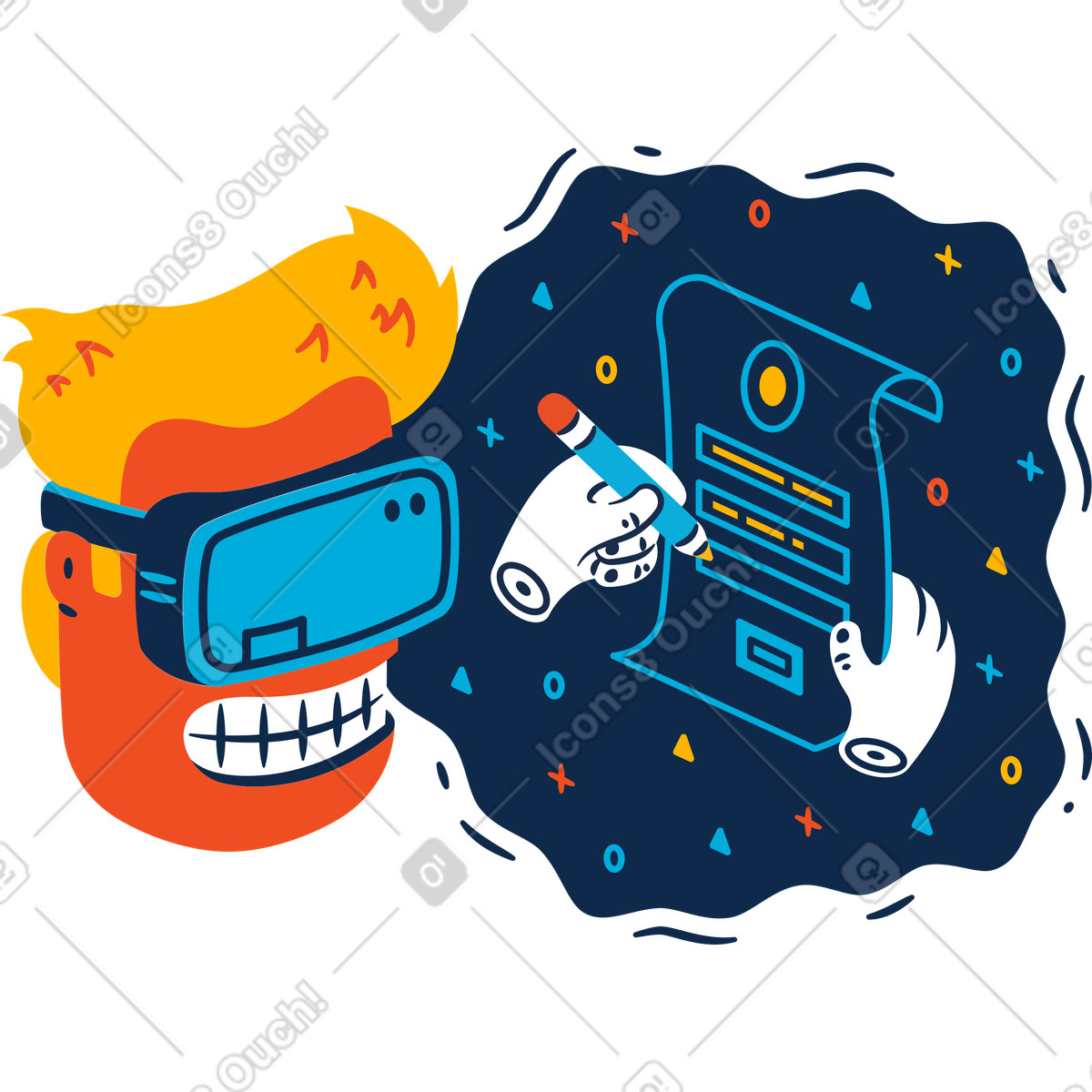 下载 Flame 风格的 VR user filling sign up form, Gamified registration experience 插画，支持 PNG、SVG 格式