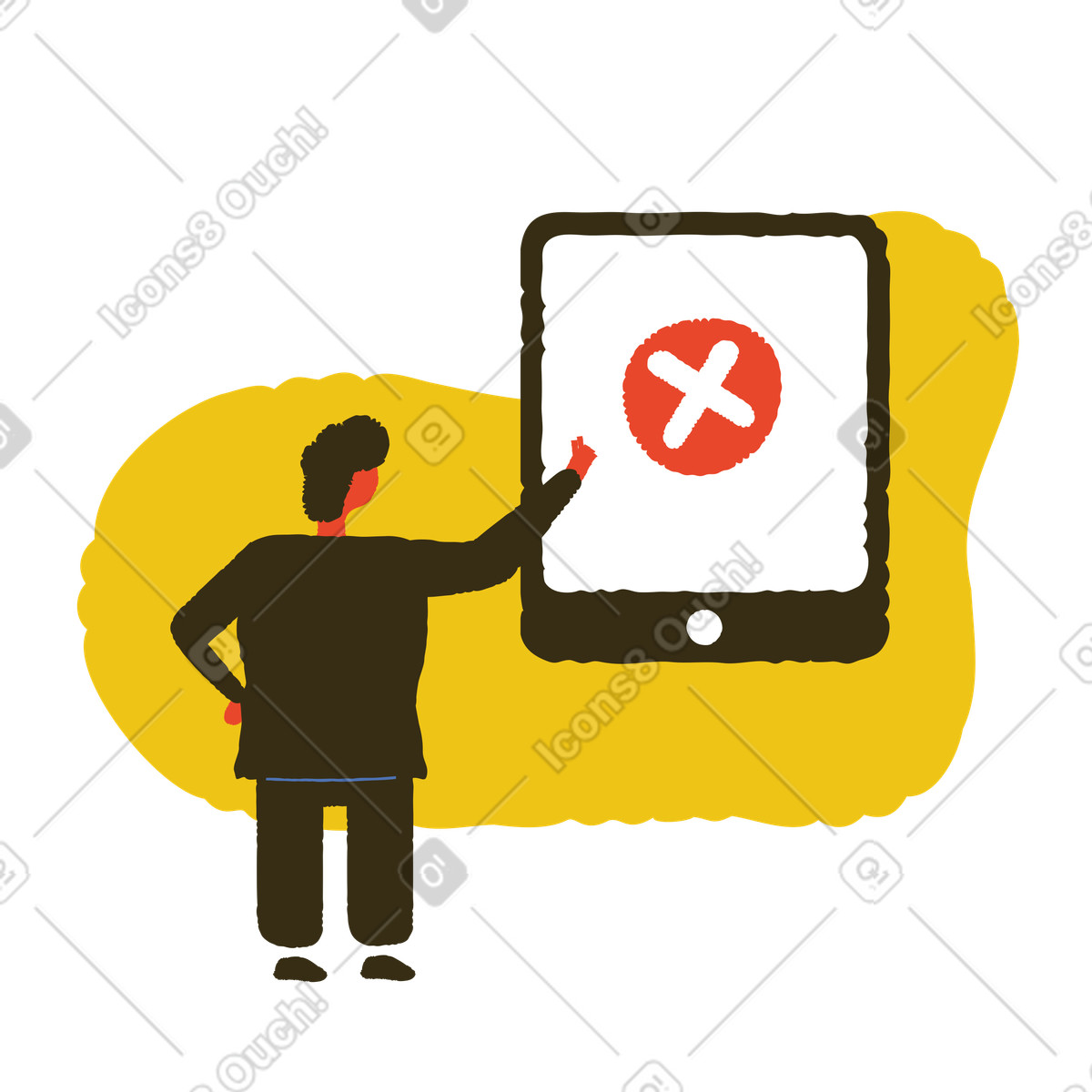 Ilustración Hombre parado frente a una tableta digital con señal de error en estilo Bermuda descargar en PNG y SVG