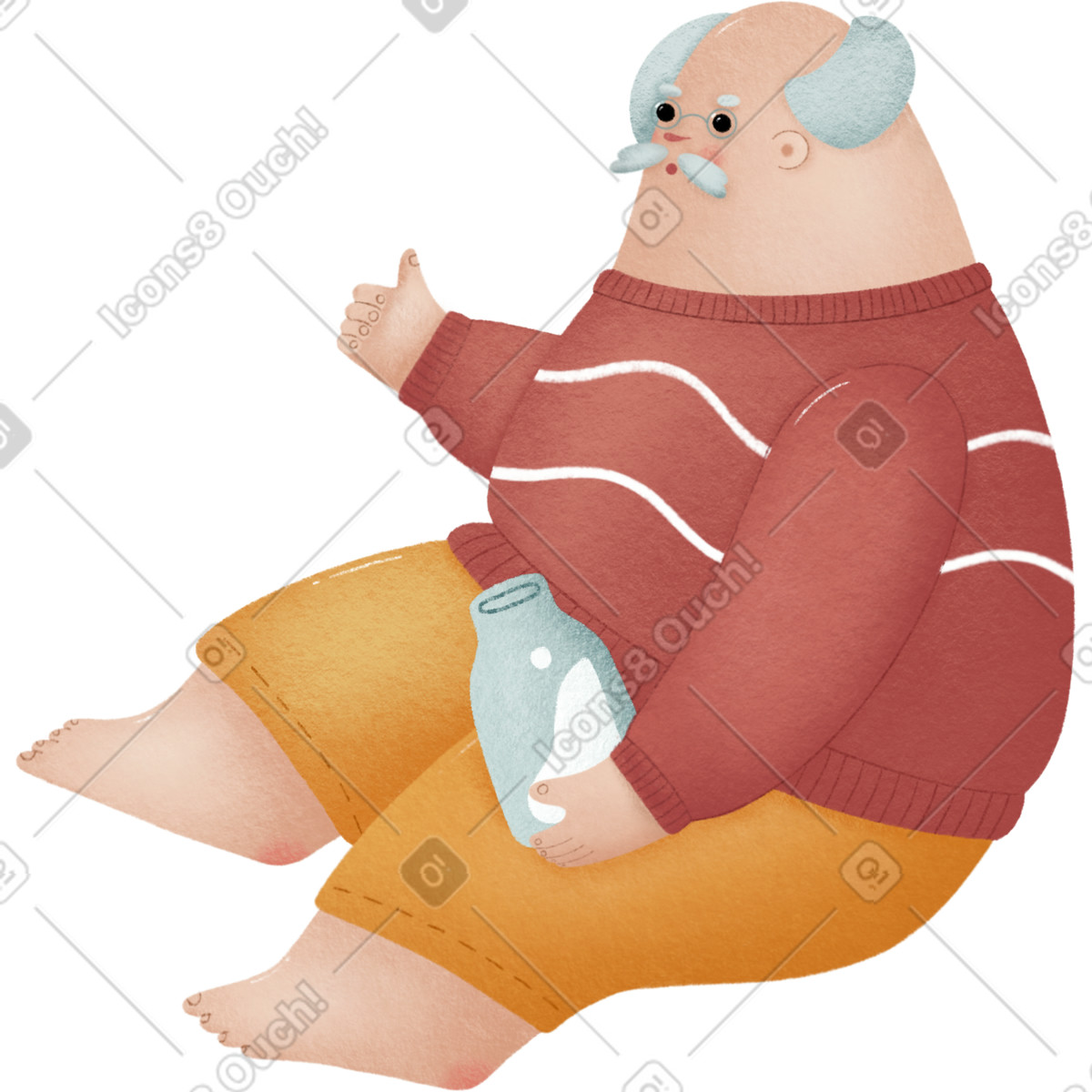Woolly スタイルの 赤いセーターを着て牛乳瓶を持って座っている老人 のイラストをPNG、SVG形式でダウンロード