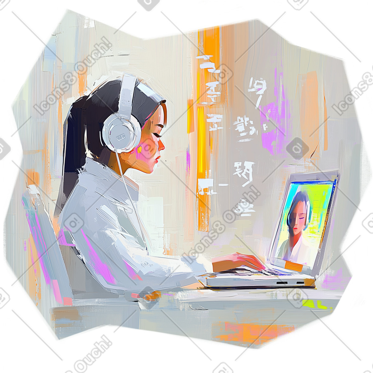 下载 Pictorial 风格的 一位年轻女子在网上学习外语的油画 插画，支持 PNG、SVG 格式