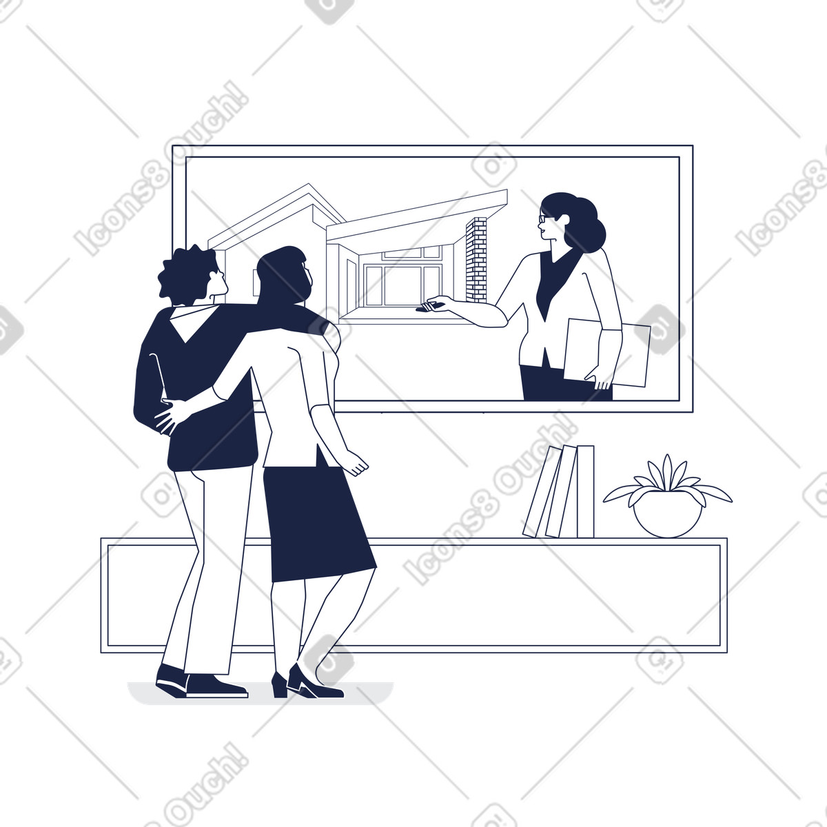 Urban Line 스타일의 Clients viewing house via video call, Online mortgage advisory meeting 일러스트레이션 PNG, SVG 다운로드