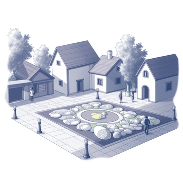 A village square is depicted with a large, intricate mosaic formed entirely of Easter eggs. The mosaic features a variety of patterns and designs, with each egg showcasing unique motifs and shapes. The square is bordered by quaint village buildings, with a cobblestone path leading through the center. Around the mosaic, villagers gather, admiring the artwork, with some kneeling to get a closer look. Shade from nearby trees provides contrast to the scene, highlighting the details of the mosaic and the expressions on the villagers' faces. "Intricate mosaic of Easter eggs" is prominently displayed within the artwork.