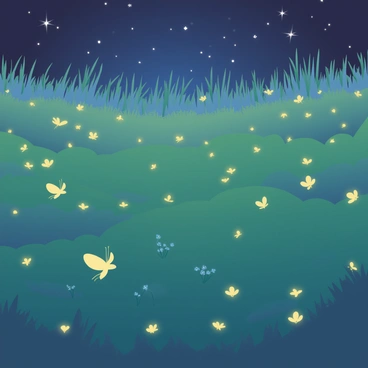 A vast field is filled with numerous twinkling fireflies, each emitting soft, yellow lights that illuminate the darkness of the night. The fireflies are scattered throughout the grassy terrain, creating a sparkling effect resembling stars in the sky. The background features tall grasses gently swaying with the breeze, while the ground is dotted with small wildflowers, casting delicate shadows in the dim light. The overall ambiance is alive with the presence of these tiny lights, providing a sense of enchanting beauty against the dark backdrop of the evening.