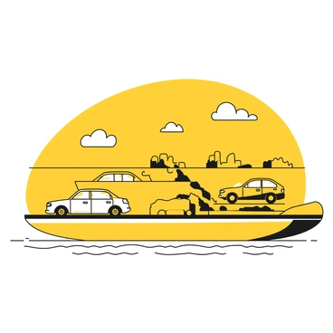 A ferry is carrying several cars, parked closely together on the deck, their windshields reflecting the sunlight. The ferry is in motion, creating gentle ripples on the surface of a calm body of water. In the distance, several islands can be seen, their silhouettes outlined against the horizon. The sky is clear above, providing a backdrop to this scene. The overall atmosphere conveys a sense of travel and exploration.