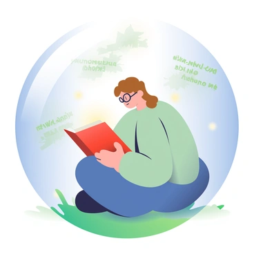 A person with light brown hair is sitting cross-legged inside a translucent bubble. The bubble is floating above a grassy ground, reflecting soft colors of blue and green. The person is wearing glasses and a cozy oversized sweater, deeply engrossed in a book with a red cover. Around the bubble, various harmful messages appear as jagged, dark shapes that bounce off the surface of the bubble, their edges glowing faintly. The sunlight filters through the bubble, creating a warm glow around the person and the book they are reading.