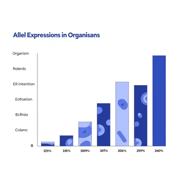 A bar graph illustration displays varying levels of allele expression in different organisms. Each bar represents a distinct organism, with varying heights indicating the levels of allele expression. The x-axis is labeled with the names of the organisms, while the y-axis has numerical values to represent the expression levels. Each bar is filled with a pattern that differentiates the alleles being expressed. The title "Allele Expression in Organisms" is prominently displayed at the top of the graph.