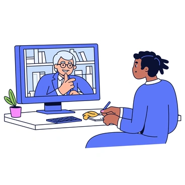 A virtual meeting setup featuring a computer screen displaying a video call. On the screen is a SudLife advisor, a middle-aged individual wearing glasses, speaking with a friendly expression. The advisor is sitting in a tidy office with a bookshelf in the background. On the desk, there is a notebook and a pen. A small plant is placed beside the computer. The person on the other end of the call is partially visible, with a focused look while taking notes. The overall atmosphere conveys professionalism and engagement.