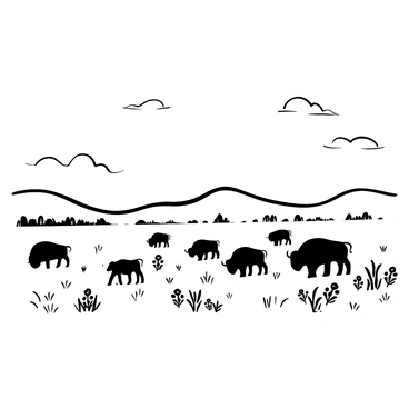 A herd of bison standing on a vast open prairie, with multiple bison grazing on the grass. The prairie is dotted with patches of tall grass and wildflowers. In the background, there are rolling hills that add depth to the landscape. The sky is expansive and features a few clouds scattered across it, creating a sense of openness.