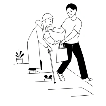 A person, wearing a casual t-shirt and jeans, is assisting an elderly neighbor, who is using a cane and wearing a long coat, in carrying a bag of groceries. The elderly neighbor has a smile on their face as they navigate a staircase composed of several steps. The person helping is positioned on the lower step, reaching up to grasp the grocery bag while offering support. The stairs are surrounded by a simple railing, and there are potted plants positioned nearby.