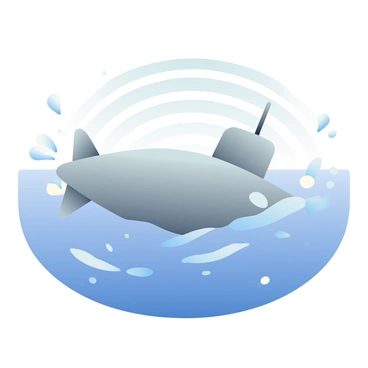 A submarine with a sleek, metallic gray body is surfacing in the ocean. The surface of the water is disturbed, creating a large sonic boom ripple that radiates outward in circular waves. The water's color transitions from deep blue to lighter shades near the surface. Bubbles are rising around the submarine, and droplets of water are splashing up as it breaks through. The scene captures the dynamic movement of the ocean, highlighting the force of the submarine's emergence.
