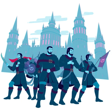 A group of Noxian warriors clad in dark armor, brandishing weapons, is advancing with determination. Their expressions are fierce as they march forward, showcasing a sense of unity and strength. Towering imposing fortresses loom in the background, with jagged spires and fortified walls suggesting a stronghold ready for battle. The sky above is overcast, casting a dramatic shadow over the scene, enhancing the sense of impending conflict. The warriors are flanked by banners fluttering in the wind, displaying their insignia, as they prepare to launch their invasion.