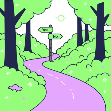A winding path stretches through a dense forest filled with tall trees and lush greenery. On either side of the path, thick underbrush can be seen, with small flowers peeking through the foliage. In the center of the path stands a wooden signpost. The signpost has two arrows: one arrow pointing to the right labeled "Yes" and the other pointing to the left labeled "No." Sunlight filters through the tree canopy, creating dappled shadows on the ground. The overall atmosphere is calm and inviting, with the texture of the signpost contrasting against the vibrant surroundings.