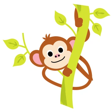 A cheeky monkey face with a mischievous grin is prominently displayed, featuring large, expressive eyes and flared nostrils. The monkey is hanging upside down from a thick, green vine. Its ears are large and rounded, adding to its playful expression. The background includes bright green leaves surrounding the vine, adding to the playful jungle atmosphere.