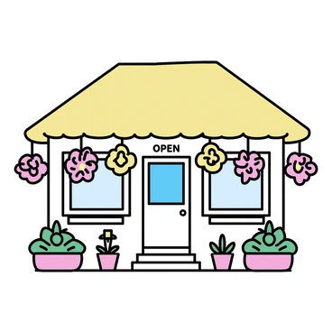 A quaint cafe with a thatched roof and wooden exterior. The entrance is flanked by bright, colorful flowers hanging in elaborate arrangements from the eaves. Potted plants of various sizes line the steps leading to the door, adding greenery to the inviting atmosphere. The windows are large and framed with white wood, allowing light to stream inside. A small sign above the door reads "Open," welcoming customers to step inside.