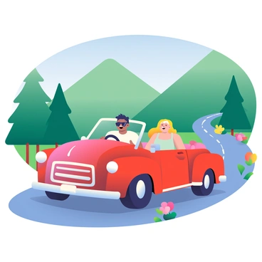 Two people are sitting in a vintage convertible with a glossy red exterior, cruising along a winding mountain road. The driver, a person with dark hair, is wearing sunglasses and a casual white shirt. Next to them, a passenger with long blonde hair, is laughing and enjoying the breeze, wearing a light blue summer dress. Towering green mountains surrounded by lush trees rise in the background, under a clear blue sky. The road is lined with colorful wildflowers, adding vibrant splashes of color to the scene.