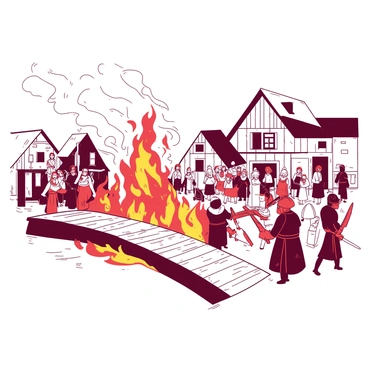 A historical reenactment scene with actors staging a burning bridge in a village