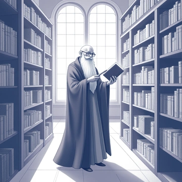 A figure resembling a wise old wizard stands in a grand library. The wizard is clad in long, flowing robes and has a long white beard. He is surrounded by towering shelves that are filled with numerous books, each intricately designed, showcasing a variety of magical themes. The library has high ceilings, with ornate details and large windows that allow light to filter in, casting intricate shadows across the wooden floor. In the wizard's hand, he holds a wand, and a mysterious aura surrounds him as he appears to be contemplating a book from the shelf.
