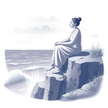 A woman sitting cross-legged on a rocky seaside cliff. She is dressed in a light, flowing garment that moves gently in the breeze. Her eyes are closed, and she has a peaceful expression on her face. Below her, waves crash against the rocks, sending up splashes of water. The cliffs around her are rugged and uneven, with patches of grass and small plants growing in the crevices. The sky above is filled with clouds, creating a dramatic backdrop to the scene.
