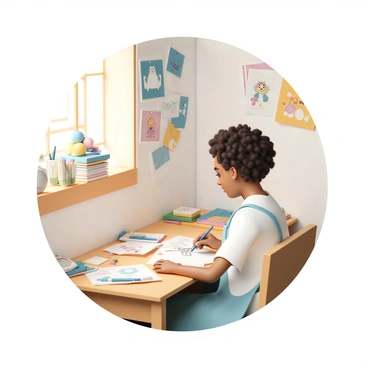 An artist is seated at a wooden desk that is cluttered with colorful sketches and drawings for a children's book. The desk has various art supplies scattered around, including colored pencils, markers, and erasers. The artist is a woman with curly hair, wearing a light blue apron over a white shirt, focused intently on sketching a character on a piece of paper. Brightly colored illustrations are pinned to a bulletin board in the background, showcasing cheerful animals and playful scenes. The room is filled with warm light coming from a nearby window, creating a cozy and inviting atmosphere.