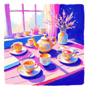 A rustic wooden table is set for tea time. In the center, there is a "Virgo-themed teapot" with intricate zodiac symbols and decorations representing Virgo. Surrounding the teapot are several matching cups adorned with similar designs. The table features a few fresh flowers in a small vase, adding a touch of nature. Soft sunlight filters in, creating a warm and inviting atmosphere. A folded linen napkin is placed beside each cup, completing the elegant setup.