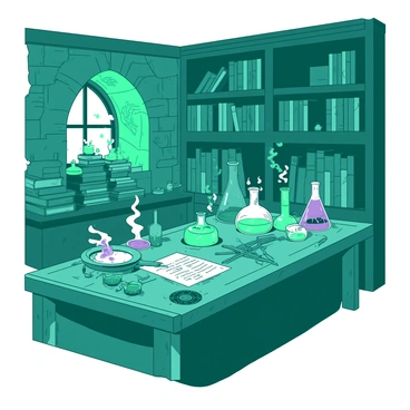 A teal alchemy laboratory is filled with numerous books stacked haphazardly on wooden shelves. Various glass beakers and flasks are arranged on a large wooden workbench, some containing colorful potions that bubble and emit wisps of steam. An assortment of mysterious artifacts, including an ornate compass and ancient scrolls, are scattered across the table. Dim light filters through a small window, illuminating dust motes dancing in the air. The stone walls are adorned with faded diagrams and symbols, adding to the chaotic yet intriguing atmosphere of the space.