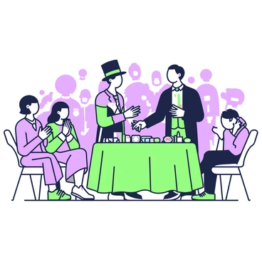 A thief is standing on a small stage, wearing a black suit and a top hat. In front of him, a table is draped with a green cloth, scattered with various shiny watches that glimmer under the stage lights. The thief is holding a deck of cards in one hand, while his other hand is subtly reaching toward an audience member seated in the front row. Around him, the audience is captivated, with expressions of wonder on their faces. Some audience members are clapping, while others are leaning forward, trying to catch a glimpse of the trick. The background is filled with soft shadows that suggest the presence of more viewers further back in the theater.