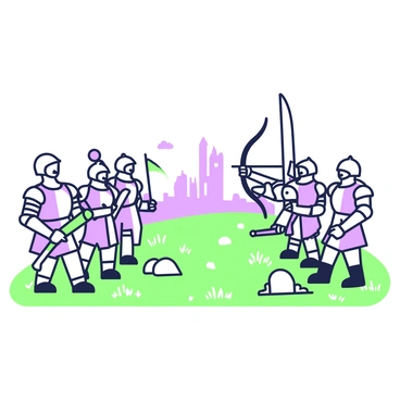 A battlefield is depicted with chess pieces in the shape of medieval knights and archers. On one side, there are several knights in full armor, each one with a raised sword and a determined expression. The knights are arranged in a defensive formation, ready to advance. On the opposite side, a line of archers is positioned with bows drawn back, aiming toward the knights. The ground is scattered with grass and rocks, and in the background, a distant castle silhouette can be seen, adding to the medieval atmosphere. Each chess piece is intricately designed, showcasing the details of their armor and weaponry.