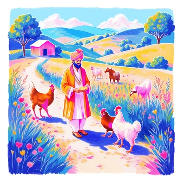 Diljit Dosanjh, dressed in a vibrant traditional outfit with a patterned turban, is walking through a lush green rural farm. He is surrounded by various animals including goats, chickens, and a couple of cows. In his hands, he is holding a handful of grains, feeding the chickens that are eagerly pecking at the ground. The farm features a backdrop of rolling hills and a clear blue sky. In the distance, a small wooden barn is visible, complementing the idyllic countryside setting. There are wildflowers blooming near the path, adding splashes of color to the scene. Diljit has a joyful expression as he interacts with the animals, embodying the serene charm of rural life.