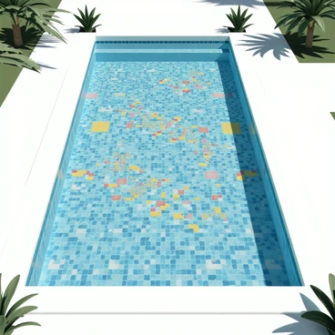A large swimming pool, viewed from above, showcases a complex arrangement of colorful mosaic tiles. The tiles feature various geometric shapes and vibrant colors, including blues, yellows, and reds, creating an eye-catching design that spans the entire surface of the water. The pool's edges are lined with smooth white stone coping, and tropical plants are visible around the perimeter, adding a natural element to the scene. The sunlight reflects off the water, enhancing the brilliance of the mosaic patterns.