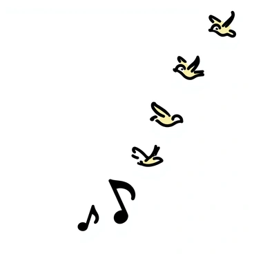Multiple musical notes, depicted in a simple and minimalistic style, are beginning to transform into birds. The notes appear at the bottom of the image, gradually morphing into a flock of small, simplistic birds with outstretched wings. The birds are captured in various stages of flight, creating a sense of movement upward into the sky. The overall composition features a clean background, allowing the transition from notes to birds to stand out prominently.