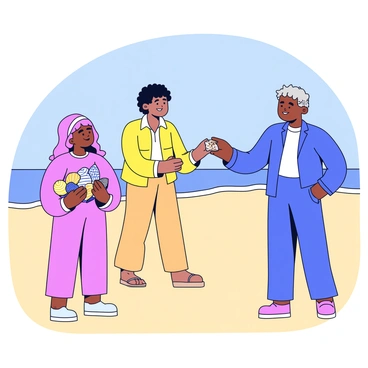 A group of three people standing on a sandy beach, engaged in exchanging natural items. One person holds a handful of colorful shells, displaying various shapes and sizes. Another person offers a small, smooth stone with unique patterns on its surface. The third person is reaching out to accept the stone, their expression showing curiosity. In the background, gentle waves are lapping at the shore, and a clear blue sky stretches above.