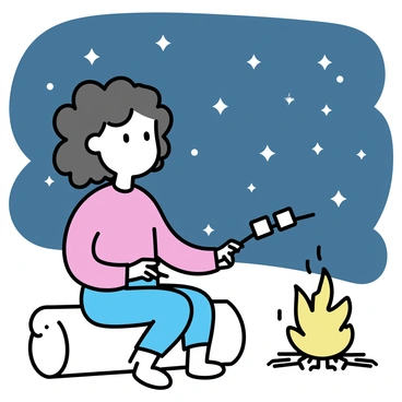 A figure of Hermine, with curly hair, is sitting comfortably on a log next to a warm, glowing fire. She has a relaxed expression, wearing a cozy sweater. In her hands, she holds a skewer with marshmallows, gently toasting them over the flames. Above her, a wide expanse of dark blue sky is filled with numerous twinkling stars, creating a tranquil atmosphere. The fire casts soft orange light around her, illuminating her face and the surrounding area.