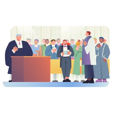 A courtroom scene set in the 1800s is bustling with activity. In the foreground, a distinguished judge with gray hair is seated at an elevated bench, wearing a black robe and a white collar. His expression is serious as he looks down at the proceedings. To his left, a lawyer with a dark tailcoat and a bow tie stands, holding a stack of documents while gesturing emphatically. On the right side, another lawyer wearing a contrasting light-colored suit is attentively listening and taking notes. The background is filled with spectators dressed in period attire, including men in frock coats and women in long, elegant dresses with intricate patterns. Some spectators are leaning forward, showing interest in the trial, while others are quietly whispering to one another. The room is adorned with wooden paneling and tall windows, allowing soft light to filter in, creating a historical atmosphere.
