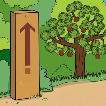 A tall wooden trail sign with a rough, textured surface, displaying an arrow that points to the right. The arrow is carved distinctly and prominently. The sign is positioned at the edge of a lush green forest, surrounded by various trees with vibrant leaves. In the background, a dense cluster of chestnut trees is visible, their branches filled with spiky green husks and several brown, glossy chestnuts peeking out. The ground beneath the sign is covered with a soft layer of fallen leaves and small patches of grass.