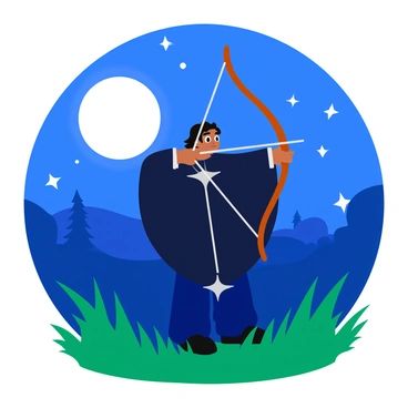 An archer under a moonlit sky, the bow glinting silver in the moonlight